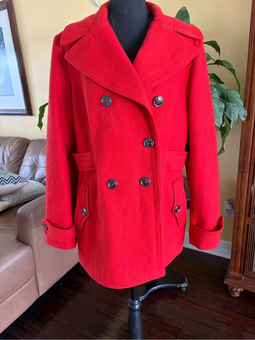 APT.9 Women's Red Double-Breasted, wool blend Peacoat - size Large